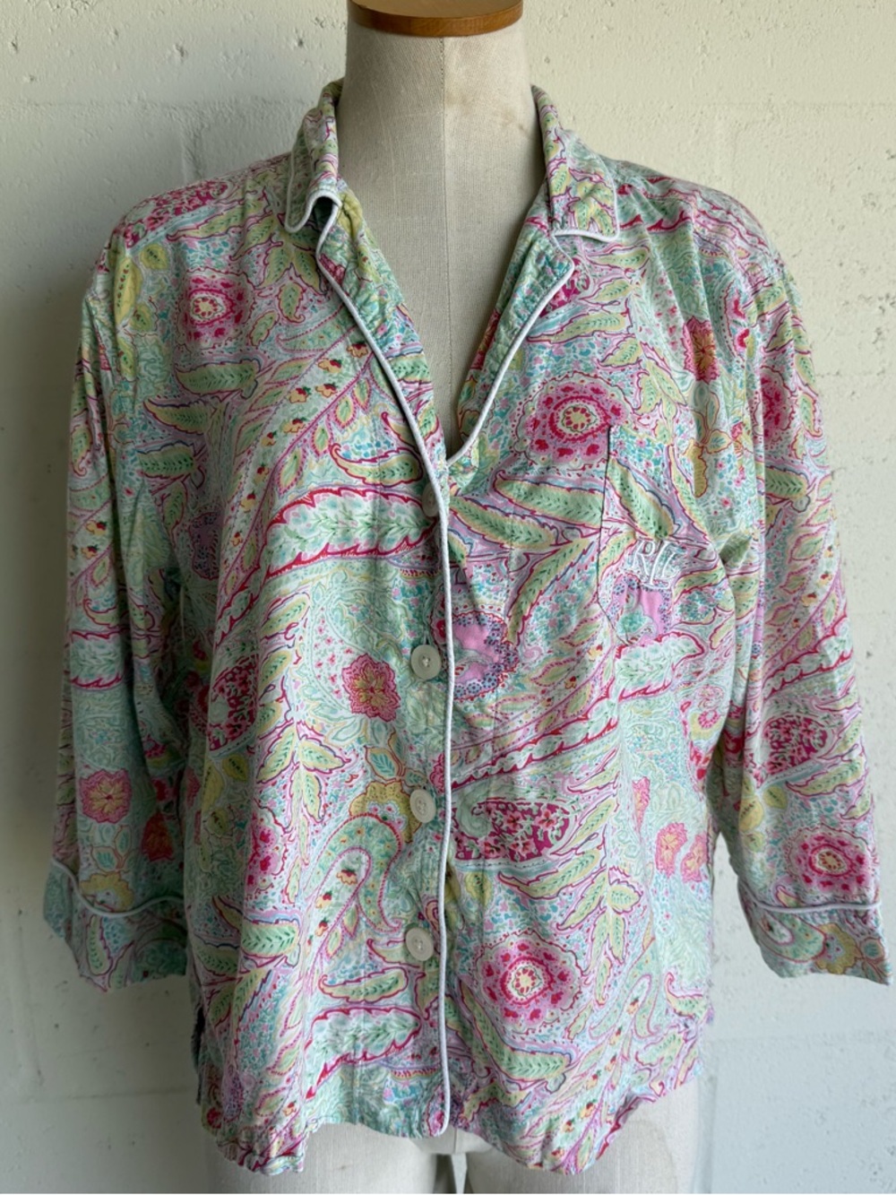 Lauren Ralph Lauren Paisley Button-Front Pajama Shirt medium black label pink